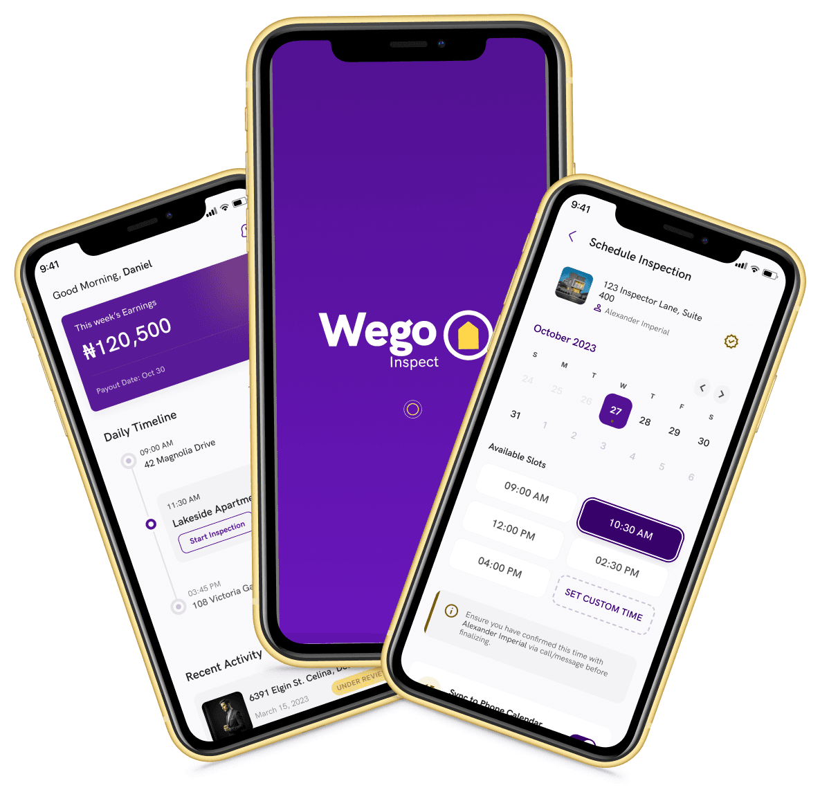Wego Inspect mobile app screens for inspectors